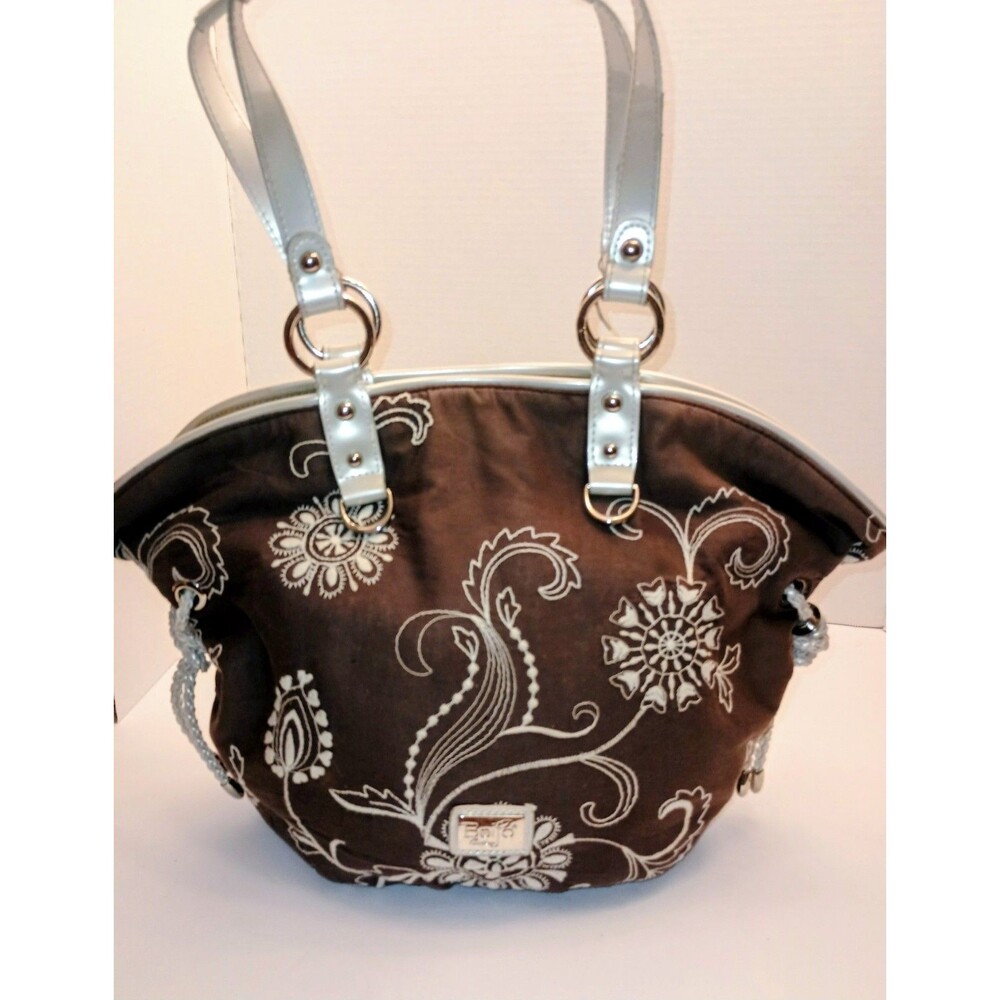 Beijo Floral Embroidered Shoulder Bag Brown/White Double Handles Organizer